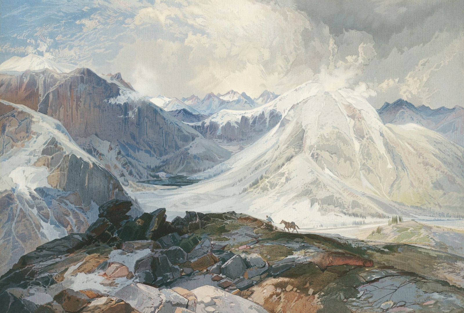 Photo by Boston Public Library a painting of a mountain range with a cloudy sky